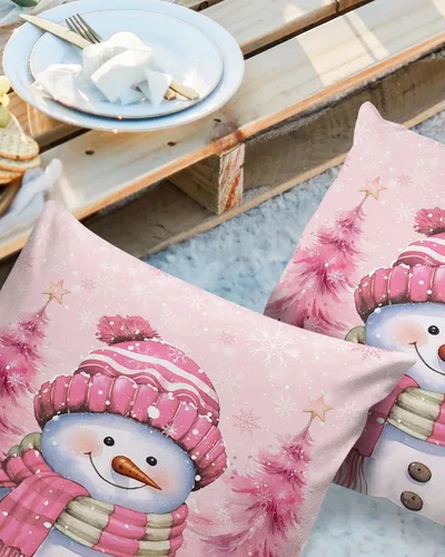 Miniatura 2 de Funda de almohada de invierno para exteriores, diseño de muñeco de nieve, pino, rosa, impermeable, paquete de 2 fundas de almohada con copos