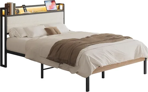 Miniatura 9 de LIKIMIO Base de cama matrimonial con cabecera de almacenamiento y luces LED, plataforma de metal con estación de carga, sin ruido, no necesita