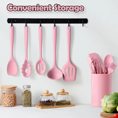 Miniatura 7 de LIANYU Juego de 14 utensilios de cocina, juego de utensilios de cocina de silicona con espátulas y soporte, herramientas de cocina resistentes al