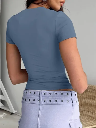 Miniatura 2 de Abardsion Camiseta corta para mujer, estilo casual, básica, ajustada, manga corta, cuello redondo, ajustada