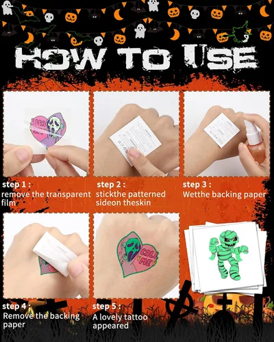 Miniatura 7 de Para suministros de recuerdos de fiesta de Halloween, 102 tatuajes temporales que brillan en la oscuridad envueltos individualmente para niños
