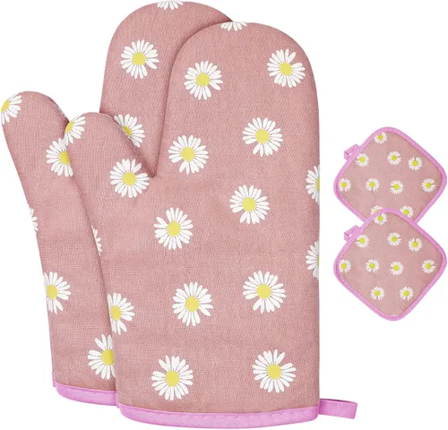 Miniatura 15 de AUAUY Guantes de horno y soportes para ollas Juego de 6 piezas, guantes de cocina resistentes a 392°F y almohadillas térmicas, guantes para hornear