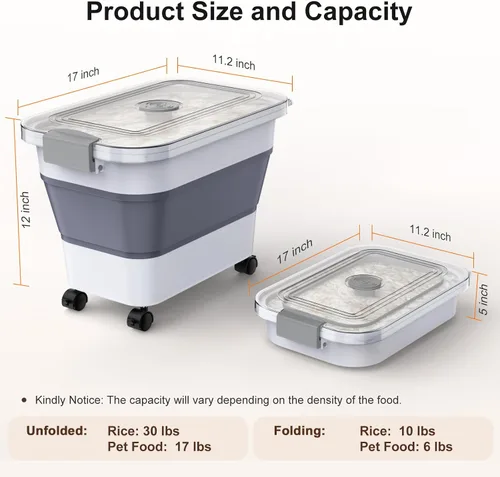 Miniatura 4 de Komzon Contenedor de almacenamiento de arroz, contenedores de almacenamiento de alimentos plegables herméticos 6-20 libras, contenedor dispensador