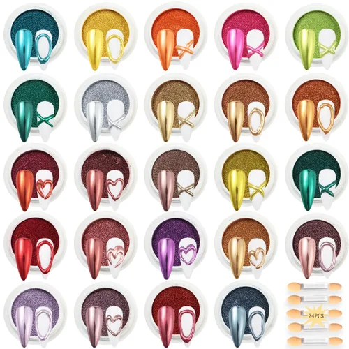 Juego de 24 polvos cromados para uñas, efecto espejo metálico, holográfico, iridiscente, aurora, sirena, pigmento de polvo de uñas plateado, rojo,