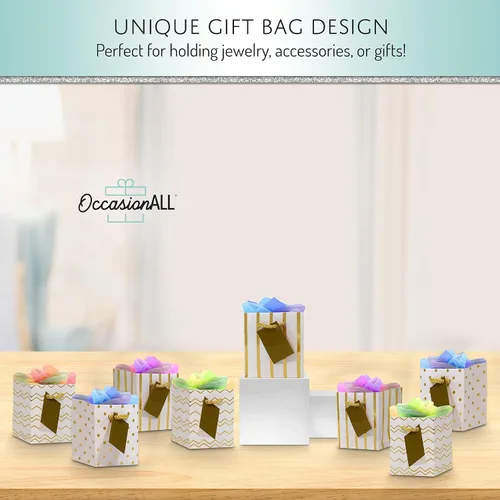 Miniatura 3 de Bolsas de regalo de papel dorado metálico con asas, ideales para fiesta de cumpleaños, con diseños de lunares, rayas y cheurón; 12 unidades. 4 x