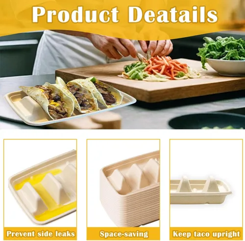 Miniatura 3 de Nexboraque Paquete de 50 soportes desechables para tacos, 3 compartimentos, platos biodegradables para tacos, juego de barra para servir una fiesta