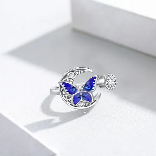 Miniatura 3 de Twoowl Anillo de mariposa de plata de ley 925 con luna celta irlandesa, regalos de joyería celta para mujeres y niñas, Plata de ley, Sin piedras