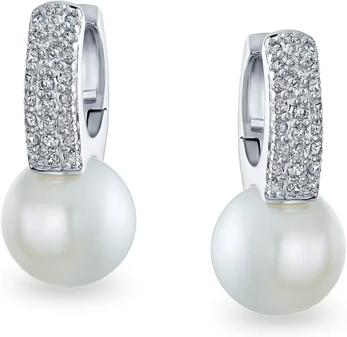 Miniatura 2 de Elegant Vintage Bridal Jewelry - Milgrain Crown Pave CZ Half Mini Hoop White Glass Ball Pearl Drops Earrings for Women with Omega Back, Exquisite