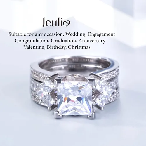 Miniatura 7 de Jeulia - Juego de anillos de novia de 4.1 quilates para mujer, anillos de compromiso de corte princesa, anillos intercambiables de boda de plata