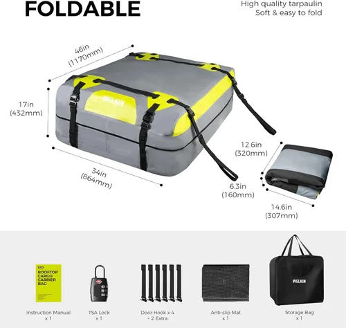 Miniatura 7 de WELKIN Bolsa de carga resistente para techo – Bolsa de techo impermeable de 15 pies cúbicos para todos los vehículos con/sin portaequipajes