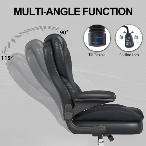 Miniatura 9 de Hovos Silla de oficina, ergonómica grande y alta silla de cuero de escritorio con brazos abatibles acolchados, bloqueo de inclinación ajustable