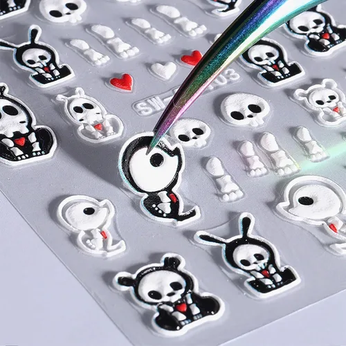 Miniatura 5 de 6 hojas de calcomanías de arte de uñas de Halloween, 5D estéreo, autoadhesivas, diseño de ojos holográficos, fantasma, llama, calabaza, día
