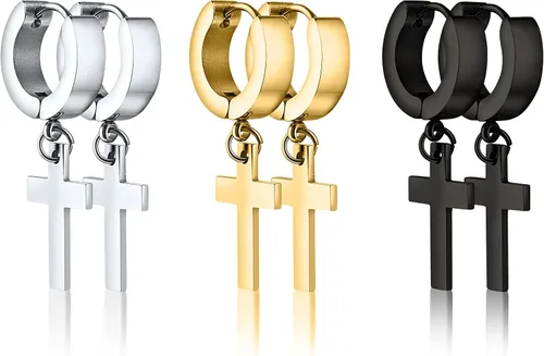 Miniatura 4 de Aretes de cruz para Hombre, 3 pares, aretes de cruz para hombre, aretes de cruz para mujer, aretes para mujer, aretes de acero inoxidable, Aritos