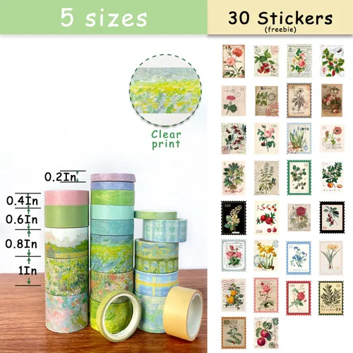 Miniatura 2 de Juego de 20 rollos de cinta washi vintage y 30 calcomanías para sellos de plantas naturales florales, cinta adhesiva estética para suministros