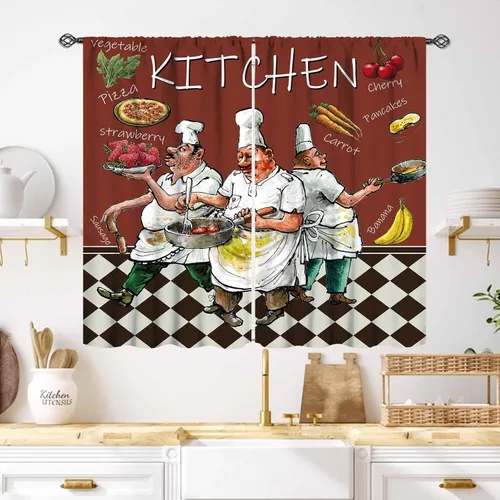 Miniatura 24 de Cortinas Rústicas de Cocina, Tenedor Cuchara Retro Tablón de Madera Granja País Tema de Cocina Citas Divertidas Tratamiento de Ventana
