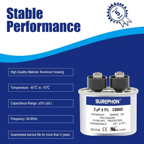 Miniatura 3 de Condensador de 5 Mfd 370V/440V Condensador de Funcionamiento y Arranque Ovalado para Motor de CA o Arranque de Ventilador y Bomba de Calor Fría
