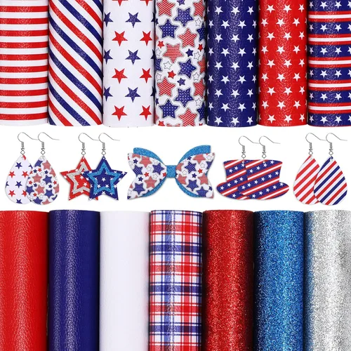 Whaline 14 hojas de piel sintética para el 4 de julio, diseño de estrellas y rayas, cuero sintético con lentejuelas y lentejuelas, manualidades para
