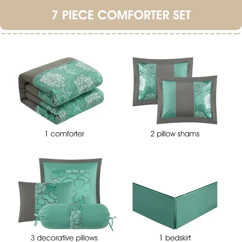 Miniatura 4 de Grand Avenue Juego de edredón gris aguamarina, tamaño Queen, juego de ropa de cama suave jacquard de 7 piezas, para todas las estaciones, falda