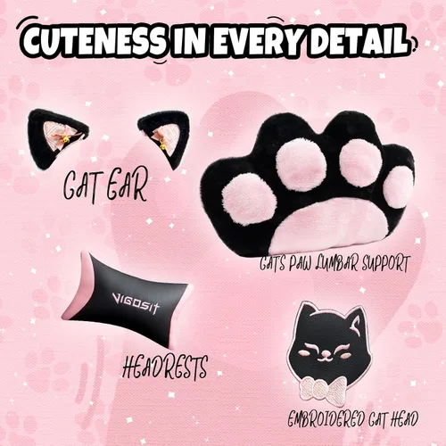 Miniatura 4 de Vigosit Silla de Gaming con Orejas de Gato de Piel Sintética PU Ergonómica Regulable Silla de Oficina para Escritorio de Computadora para Jugadores