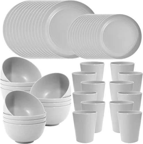 Miniatura 10 de LIYH - Juego de vajilla de paja de trigo de plástico beige de 48 piezas - Juegos de platos y tazones reutilizables, platos irrompibles, tazón, taza