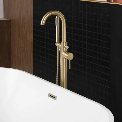 Miniatura 11 de WOODBRIDGE Grifo de llenado de bañera independiente contemporáneo de una sola manija con ducha de mano en acabado dorado cepillado, F0007BGRD