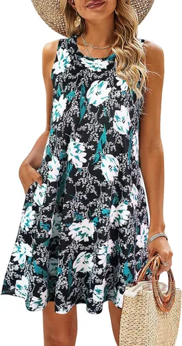 Miniatura 54 de SimpleFun - Vestidos de verano para mujer, camiseta floral, vestido de playa de estilo bohemio, informal, con bolsillos y sin mangas