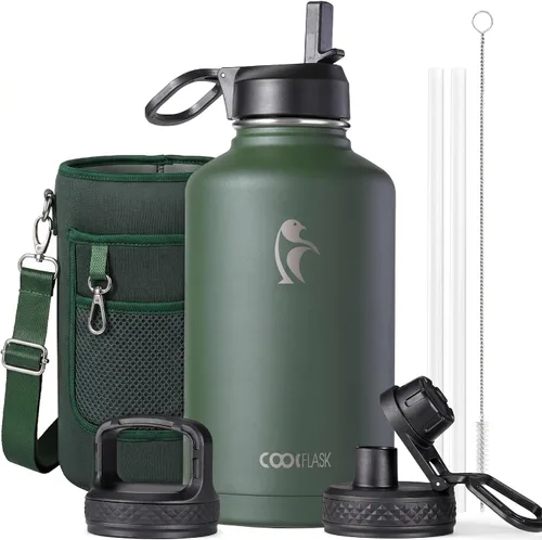 Miniatura 43 de Coolflask Botella de agua de 20 onzas aislada con pajilla, 3 tapas de metal de acero inoxidable, botella de agua de boca ancha para deportes u