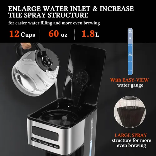 Miniatura 8 de Taylor Swoden Cafeteras programables de 12 tazas, cafetera para café caliente y café helado, 4 niveles de intensidad de preparación, pantalla LED