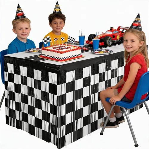 Miniatura 5 de Falda de mesa metálica de oropel con flecos de oropel de carreras para decoración de fiesta de cumpleaños, paquete de 2 cortinas de mesa de 29.5 x