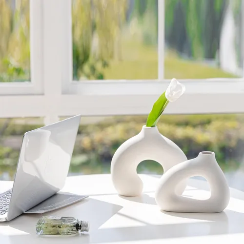 Miniatura 4 de COTYNI Juego de 2 jarrones de cerámica blanca para decoración moderna del hogar, jarrones redondos mate en forma de dona para hierba de las pampas