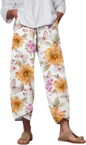 Cotton Linen Pants for Women Loose Fit Wide Leg Capris Summer Cropped Beach Elastic Waist Baggy Trousers with Pockets
