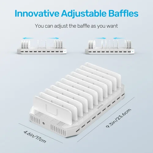 Miniatura 6 de Unitek Estación de carga múltiple, cargador USB de 10 puertos para múltiples dispositivos con tecnología SmartIC y divisores ajustables, soporte
