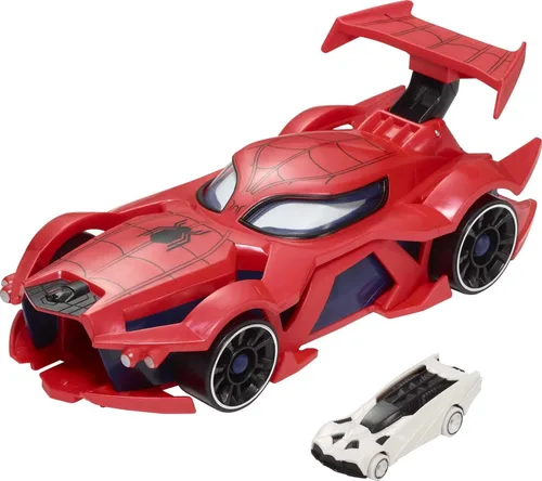 Hot Wheels Marvel Spider-Man Lanzador de coche web con ojos activados por movimiento y coche de juguete de personaje a escala 1:64