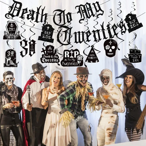 Miniatura 7 de Decoraciones de Death to My 20 – 14 piezas negras para decoración de fiesta de cumpleaños de 30 años, pancarta colgante de remolinos rasgados a mis