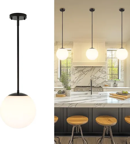 Miniatura 34 de LMS Luces colgantes negras de 8 pulgadas para isla de cocina, lámpara colgante moderna de globo con vidrio esmerilado, lámpara colgante Negro
