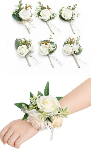 Miniatura 14 de Ling's Moment Paquetes de flores de boda prearreglados en azul polvoriento y azul marino, paquete de boutonnieres y ramilletes de muñeca
