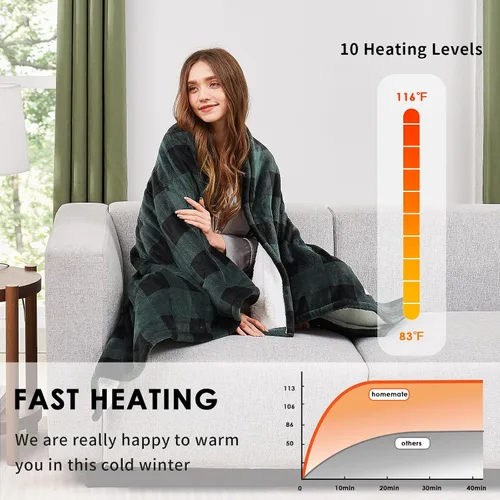 Miniatura 2 de Homemate Manta eléctrica térmica de 50 x 60 pulgadas, manta térmica de franela ultra suave y acogedora con 10 niveles de calor rápidos, 8 horas
