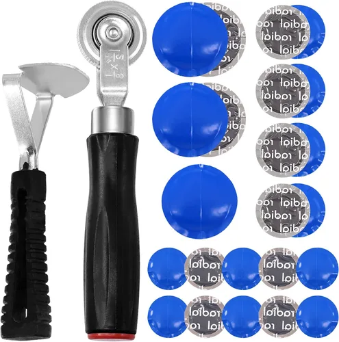Swpeet 25 piezas de 1.260 in, 1.654 in, 2.283 in, herramienta de reparación de parches de neumáticos y rueda de rodillo con raspador de