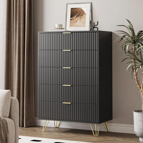Miniatura 12 de MAISONARIA Cómoda negra para dormitorio, cómoda de 4 cajones con asas de metal dorado y cómodas, cómodas para pasillo, dormitorio