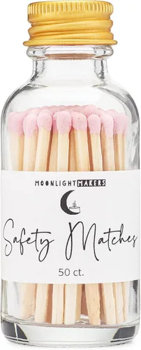 Moonlight Makers Fancy Matches in Jar - 50 fósforos de seguridad de madera, tarro decorativo de vidrio con golpeador, soporte reutilizable, tapa Rosa