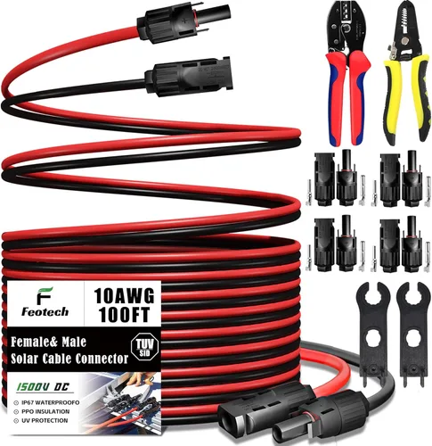 Miniatura 20 de Cable de Extensión Solar de Doble Hilo de 50 Pies - 10AWG (6mm) Negro y Rojo con Conectores de Panel Solar IP67 para Uso en Exteriores y Marino