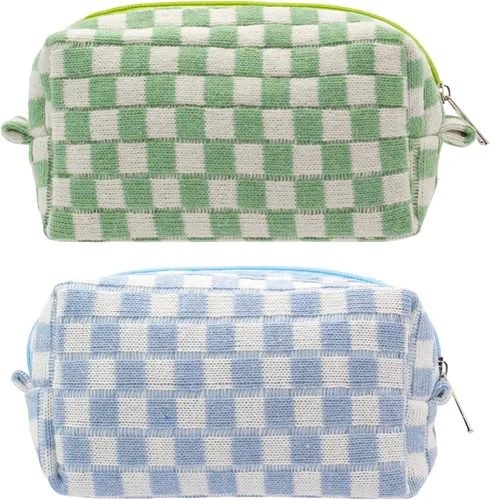 Miniatura 53 de PAZIMIIK Bolsa de Maquillaje a Cuadros para Bolso Portátil con Cremallera, Estuche Pequeño de Cosméticos para Accesorios de Viaje, Azul Ártico