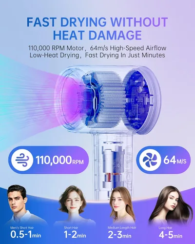 Miniatura 2 de Secador de pelo iónico de plasma con difusor, secador de pelo de alta velocidad de 110000 RPM, secador de pelo profesional de secado rápido