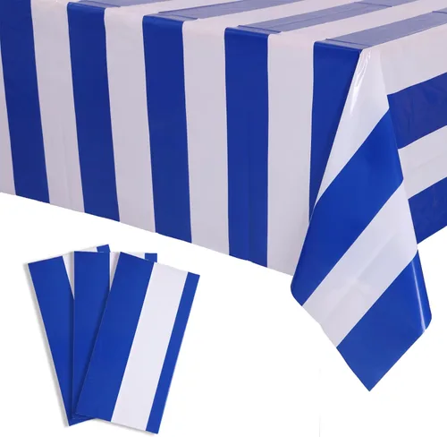 Kesfey - Paquete de 3 manteles de plástico desechables, 54 x 108 pulgadas, diseño horizontal a rayas azul y blanco, náutico, impermeable, Rayas