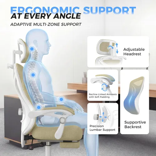 Miniatura 9 de Silla de oficina ergonómica con reposapiés, soporte lumbar ajustable y reposacabezas, silla de computadora reclinable de malla de 90-160°, oficina