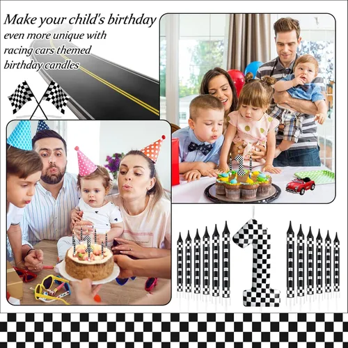 Miniatura 7 de 13 piezas de velas temáticas de coches de carreras para cumpleaños en negro y blanco con número de carrera 1 a cuadros, velas para tarta de coche