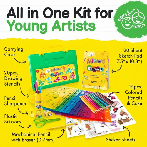 Miniatura 2 de Kit de plantillas de dibujo para niños, juego de 60 piezas de arte con más de 370 formas, bloc de bocetos y lápices de colores para manualidades