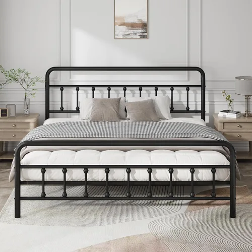 Marco de cama de plataforma de metal, cama de hierro de estilo victoriano con cabecero, marco resistente y listones, almacenamiento debajo de la
