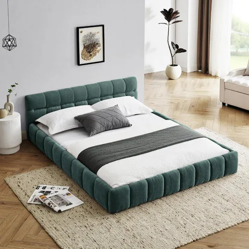 Miniatura 10 de Base de cama tapizada tamaño California King con tela de felpilla gruesa, cama de plataforma con cabecero copetudo, marco de madera maciza, diseño