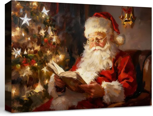 Arte de Pared en Lienzo de Navidad Enmarcado, Impresión de Pintura en Lienzo de Papá Noel Vintage Leyendo un Libro, Decoración de Arte de Pared con